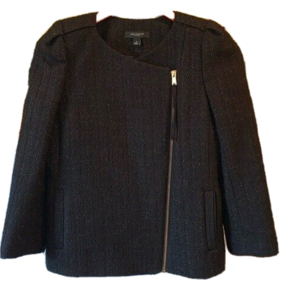 Ann Taylor Blazer Women's 18 Black W/Gold Textural Asymmetrical Zip Career NEW!